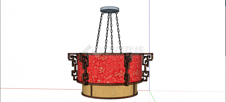中式红色黄色相间木制雕花框架灯笼式吊灯su模型-图一