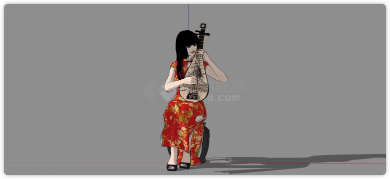 现代弹琵琶女性人物SU模型-图二