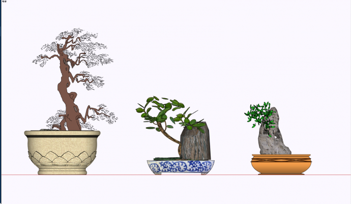三盆不同形状盆栽设计su模型_图1
