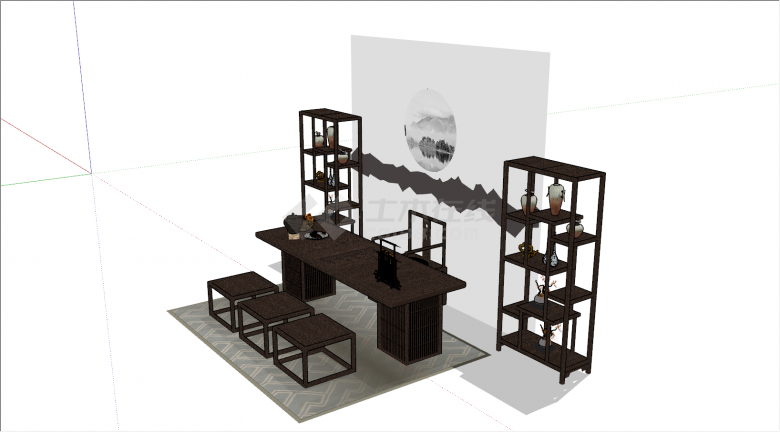 中式博古架桌椅组合su模型-图一