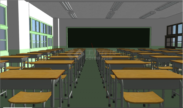 现代绿色窗框教室su模型-图一