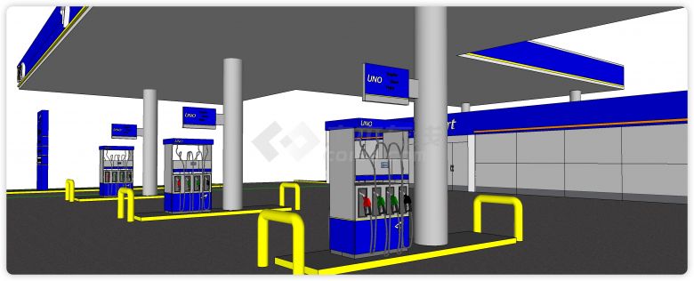 UNO蓝色主题便利店加油（气）站su模型-图二