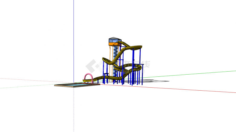 黄色滑梯带泳池儿童游乐设施su模型-图一