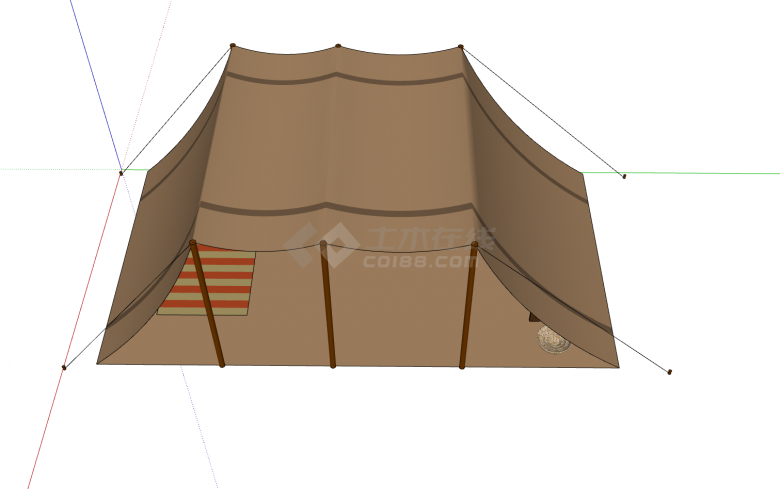 三支撑平顶褐色露营帐篷su模型-图二