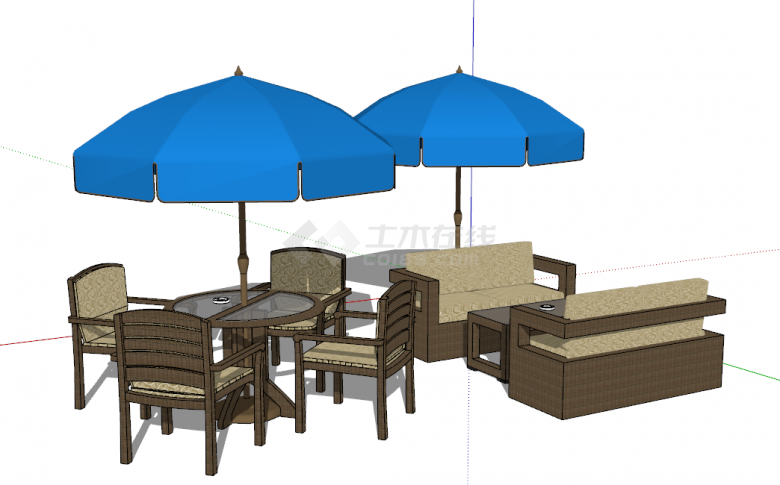 现代棕色带伞室外桌椅组合su模型-图一