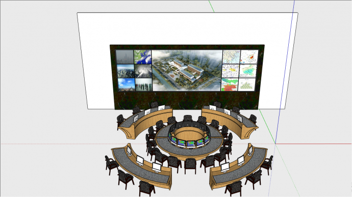 圆形桌子的带大屏幕的现代监控中心控制室SU模型_图1
