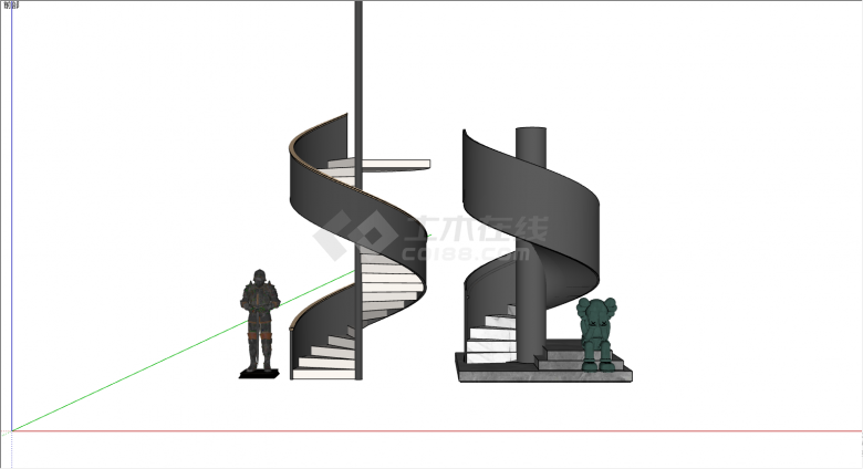 螺旋状的两侧带雕像的楼梯su模型-图二
