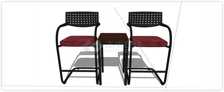 黑色铁制靠背椅红色软坐垫单椅su模型-图一