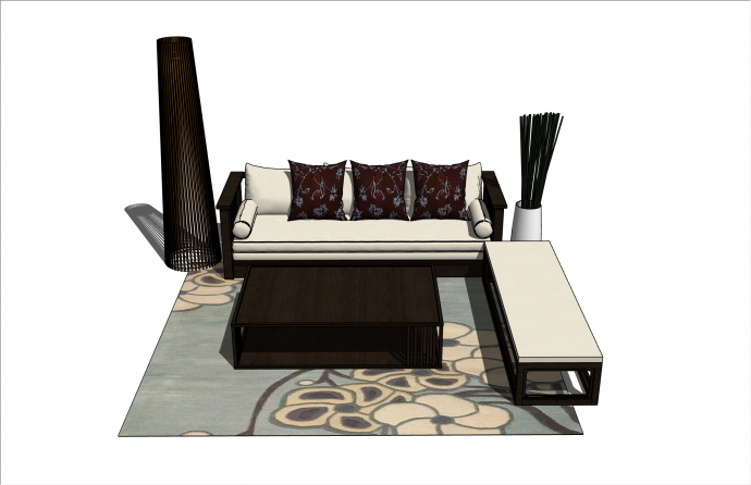 简约新中式木制沙发su模型_图1