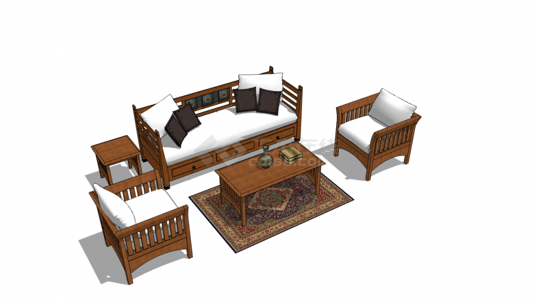 中式木质框架白色海绵坐垫沙发su模型-图二