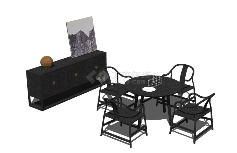 新中式黑色极简餐桌su模型-图二