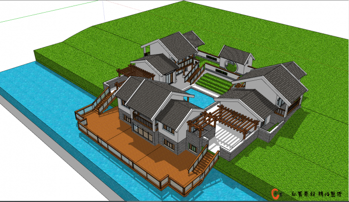 带有草坪和小河的中式民宿 su模型_图1
