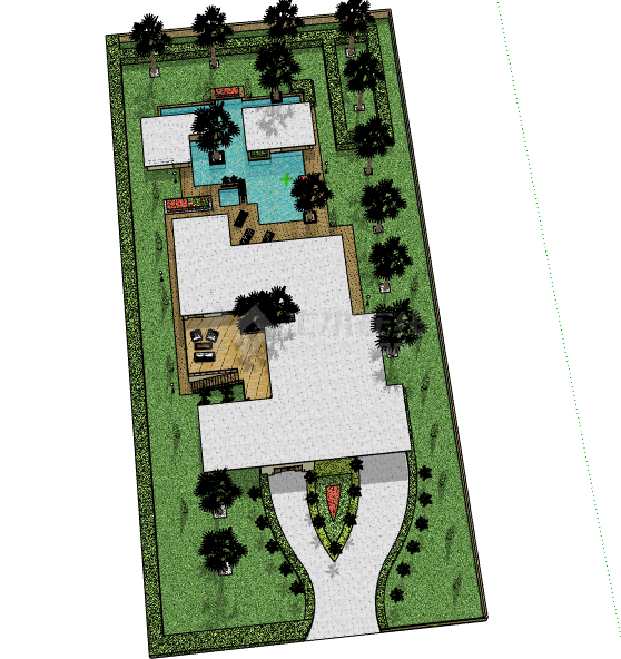 现代避暑山庄泳池民宿su模型-图一
