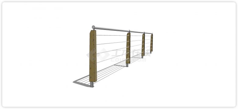 实木固定柱圆条横栏不锈钢栏杆su模型-图二