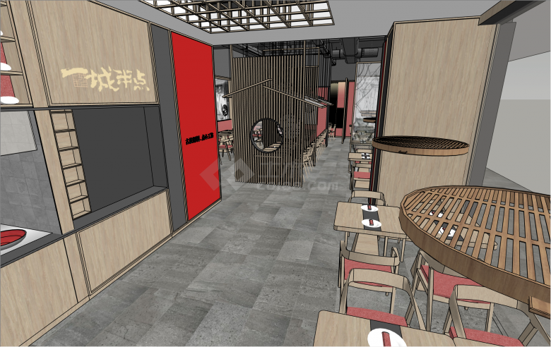 红色木制新中式餐厅su模型-图二