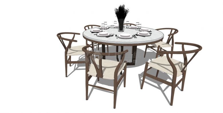 六人新中式餐桌组合su模型-图二