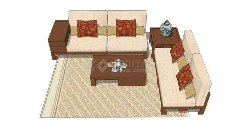 咖啡色新中式双人沙发组合su模型-图一