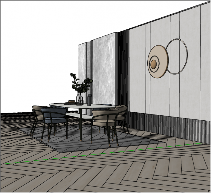 桌上摆放着绿植的墙上有圆圈状装饰的现代餐厅家具su模型_图1