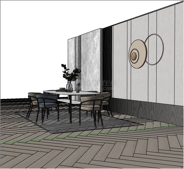 桌上摆放着绿植的墙上有圆圈状装饰的现代餐厅家具su模型-图一