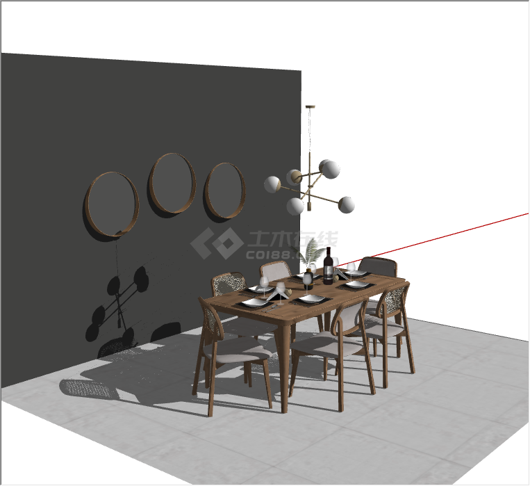 带木制桌椅的墙上带三个圆形装饰的现代餐厅家具su模型-图二