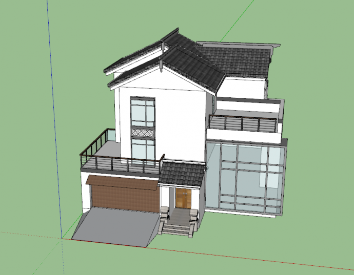 带有大落地窗和车库的豪华双层别墅su模型_图1
