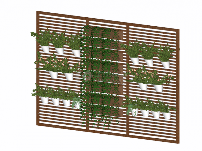 实木架上挂着 白色小盆绿栽的绿墙花架su模型-图一
