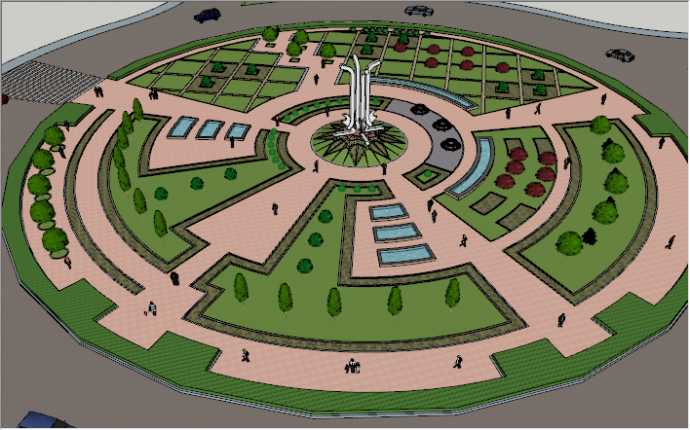 现代圆形公园中心广场喷泉su模型_图1