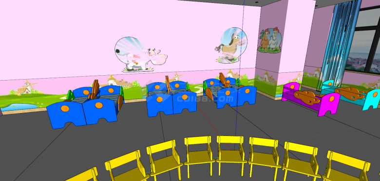 现代卡通幼儿园宿舍教室组合su模型-图一