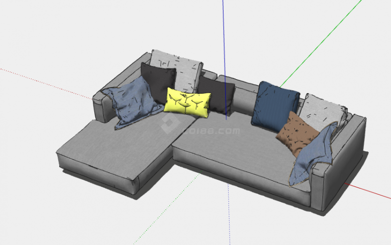 杂乱灰色经典L形组合沙发su模型-图二