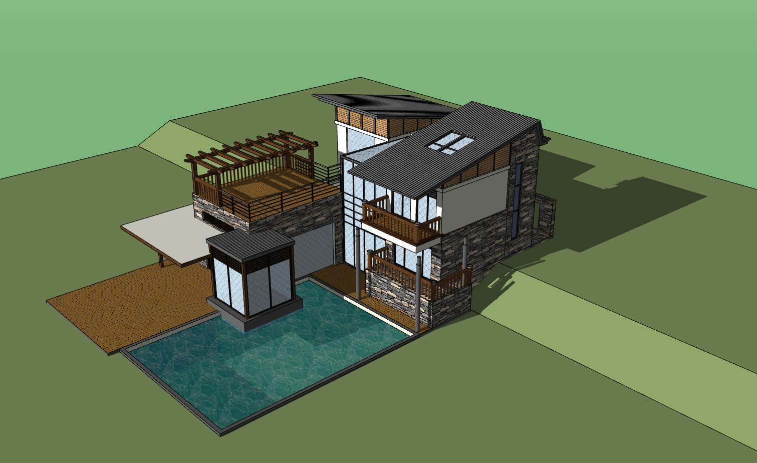 泳池露台两层226平方米独栋别墅su模型