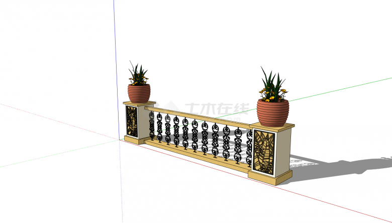 一款带有精美雕花带有盆景的栏杆su模型-图二