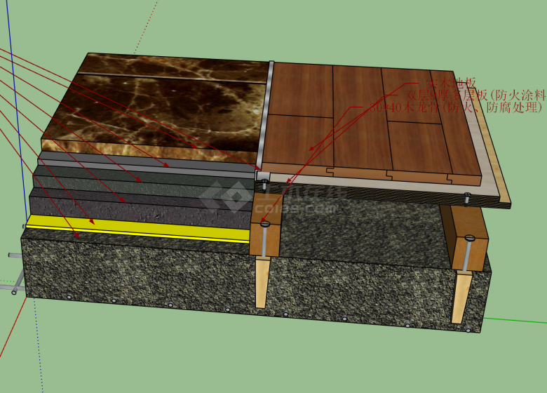 黑色石材与实木地板su模型-图二