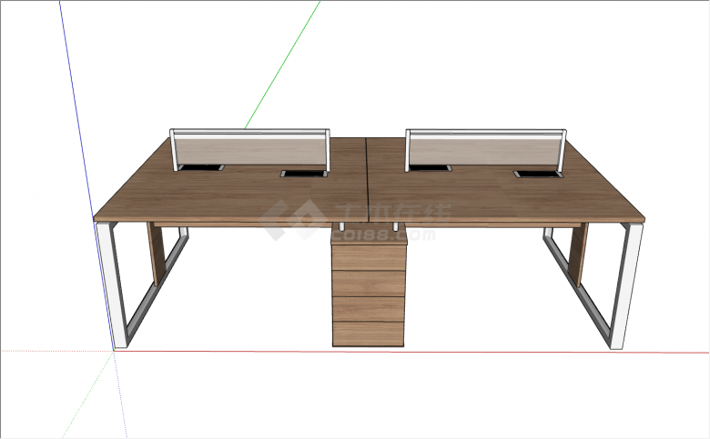 木纹桌面带玻璃隔断和抽屉柜四人位办公桌su模型-图二