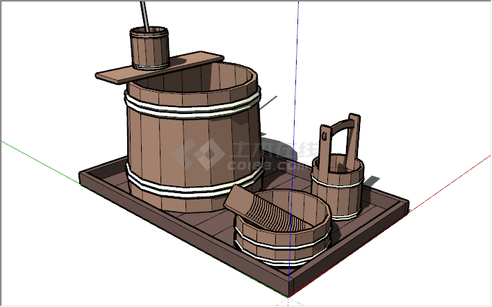 中式木质水桶洗衣用具组合su模型-图一