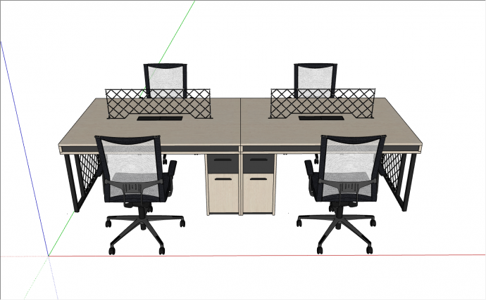 四人位办公桌带4个收纳柜以及网格做隔断su模型_图1