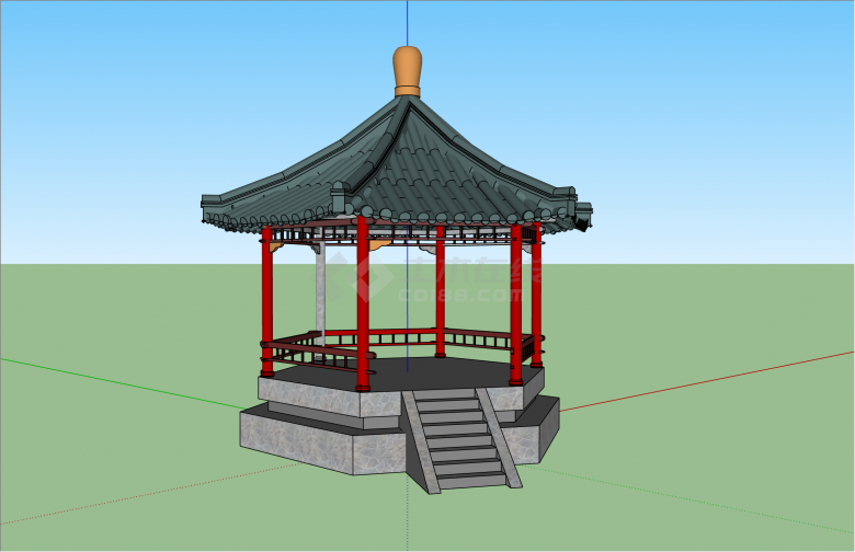 小型红柱子中式六角亭su模型-图二