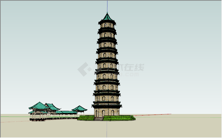 中式绿色屋顶高层古塔su模型-图二