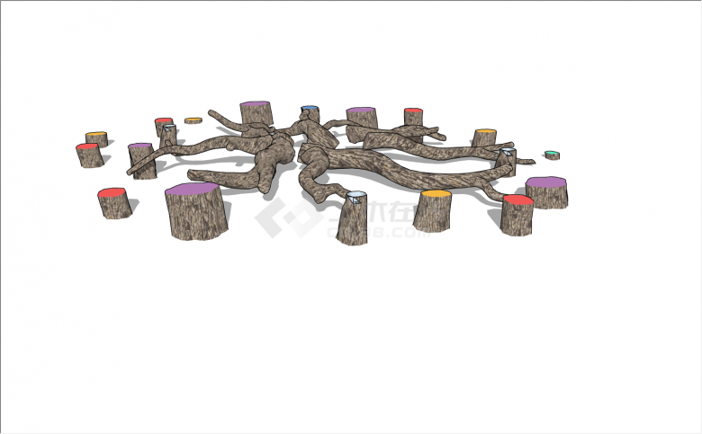用树木的枝丫和树桩组合成可以锻炼平衡力的游乐设施su模型-图二