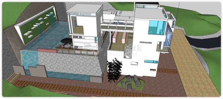 带瀑布泳池现代简约小别墅设计su模型-图二