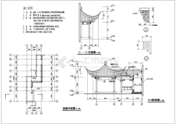 江南园林某仿古建亭台设计cad全套建筑施工图（含施工说明，含结构设计）-图二