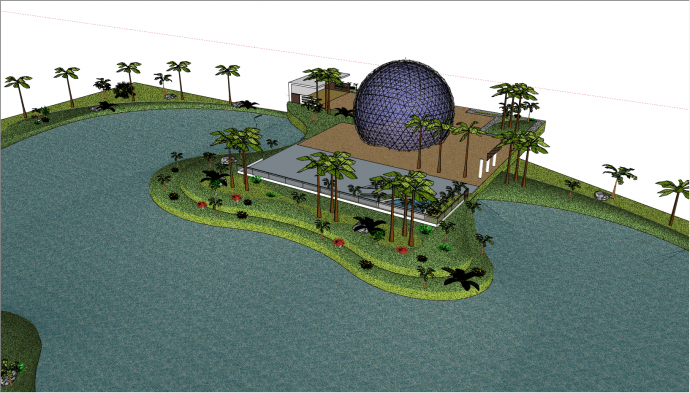 带有球型建筑的大型人工湖的公园su模型_图1