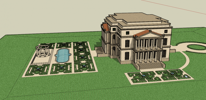 带有独立游泳池和对称绿植的别墅庭院su模型_图1