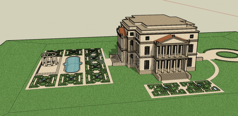 带有独立游泳池和对称绿植的别墅庭院su模型-图一