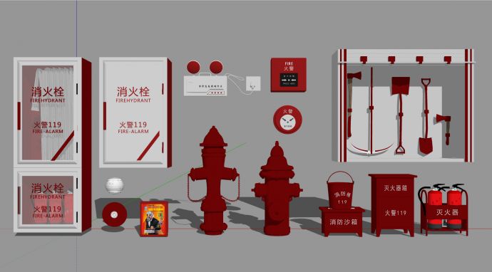 红色消防桶消防砂箱和消防工具橱窗消防器材su模型_图1