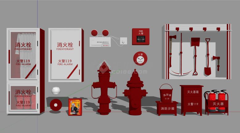 红色消防桶消防砂箱和消防工具橱窗消防器材su模型-图一