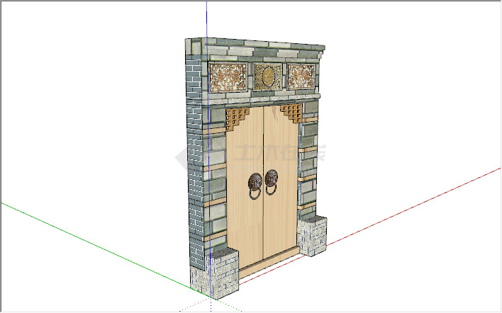 中式雕花线条浅色原木院门su模型-图二