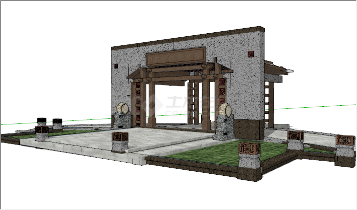中式灰色磨石墙面木质院门su模型-图二
