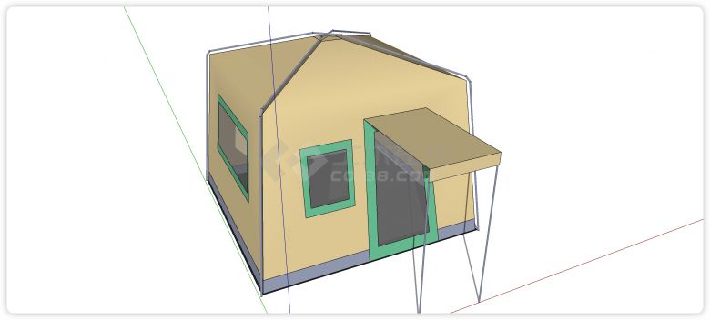 土黄色绿色窗框帐篷su模型-图二