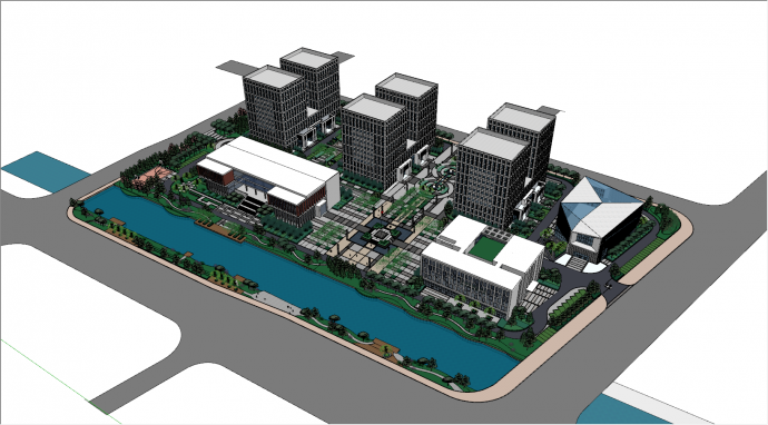 带有高楼和低层楼绿化带流水的双合办公区总体su模型_图1