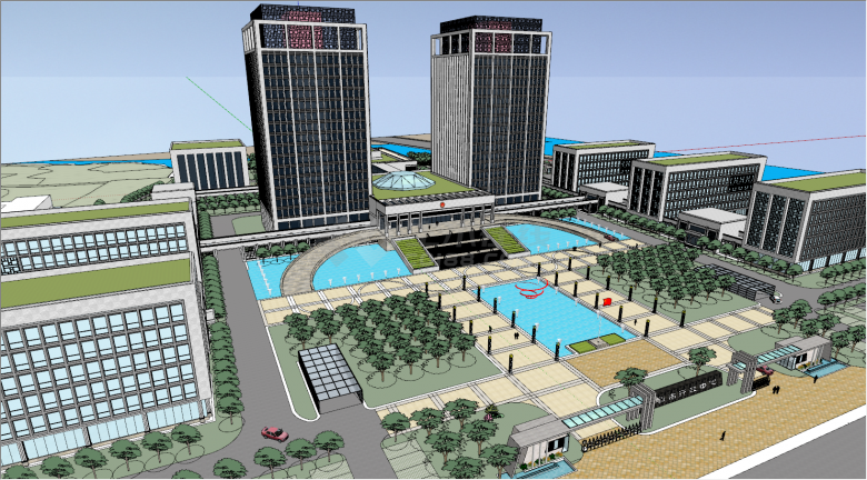 高层双栋带园林绿化的绍兴市行政中心方案设计su模型-图一